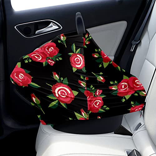 כיסויי מושב מכונית לתינוקות אהבה ורדים אדומים עם עלים ירוקים רקע שחור כיסוי סיעוד מניקה עגלת צעיף עגלת עגלת תינוקות חופה